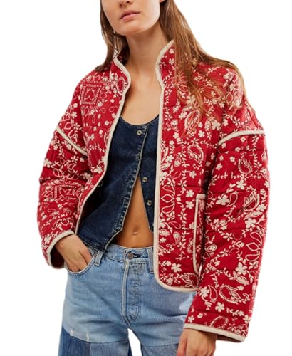 VAOYIU Women's Cropped Puffer Jacket Vintage Cardigan Floral Printed Lightweight Open Front Padded Quilted Coats(Red-L-L)
