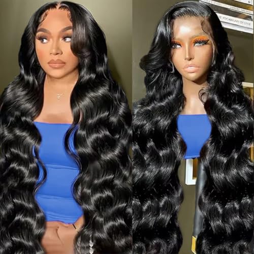 Asidow 30 Inch Body Wave Lace Front Wig - Human Hair Pre Plucked Glueless Brazilian Virgin 200% Density Lace Front Wig - Baby Hair HD Frontal - Natural Black