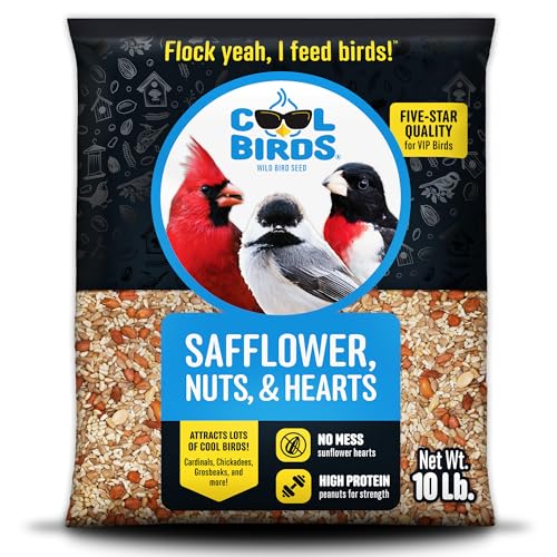 Cool Birds Safflower, Nuts & Hearts Wild Bird Seed – 10 lb. Gourmet Bird Food with Safflower, Sunflower Hearts & Peanuts – No Corn, Milo or Millet, No Waste Bird Food for Outside Feeders