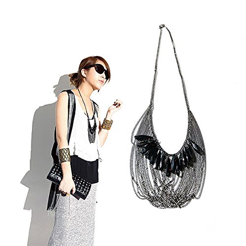 Vktech Decorative black stones Fashion tassel necklace multi