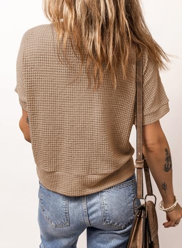 Image of Dokotoo Womens Summer Tops 2026 Waffle Knit Button Down Shirts | Trendy,V Neck,Loose Fit,Jacket,Short Sleeve,Summer Cardigan,Cropped,Shacket,Going Out Outfits,Dressy