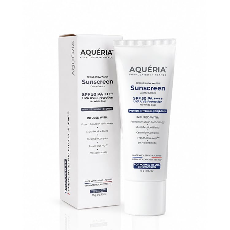 Image of Aqueria Brightening & Moisturizing Multi-Active French Sunscreen SPF 50 PA++++ | In-Vivo /In-Vitro Tested | 5% Niacinamide, 5 Ceramides & Vitamin E | Modern UV Filters | Broad Spectrum UVA /UVB & Blue Light Protection | Lightweight, No White Cast, Sweat Resistant | Suitable for Daily Use | For Normal, Dry & Sensitive Skin | 15g