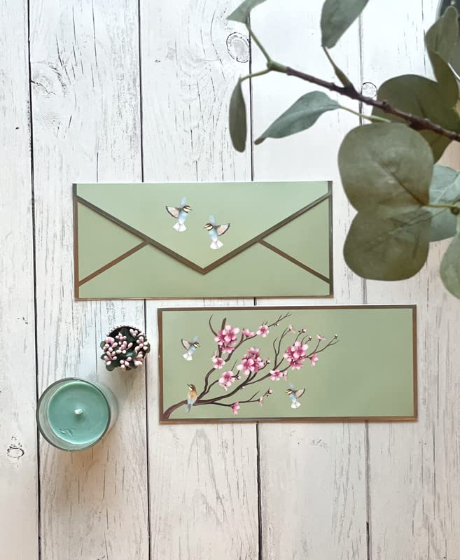 Dovetail Bliss Cash Envelopes with Tags - Pack of 5 (7.75 x 3.5 in) | Cherry Blossoms and Bluebirds Design with Silver Foil Stamping for Gifting, Birthdays, Weddings, Festivals and More-image-40