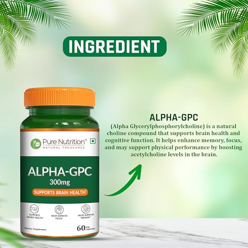 Image of Pure Nutrition Alpha GPC 300mg with L- Glycerophosphorylcholine Cognitive Function | Powerful Alpha GPC Supplement Helps to Improve Focus, Mental Clarity & Memory | Brain Health Supplement for Men & Women - 60 Veg Capsules