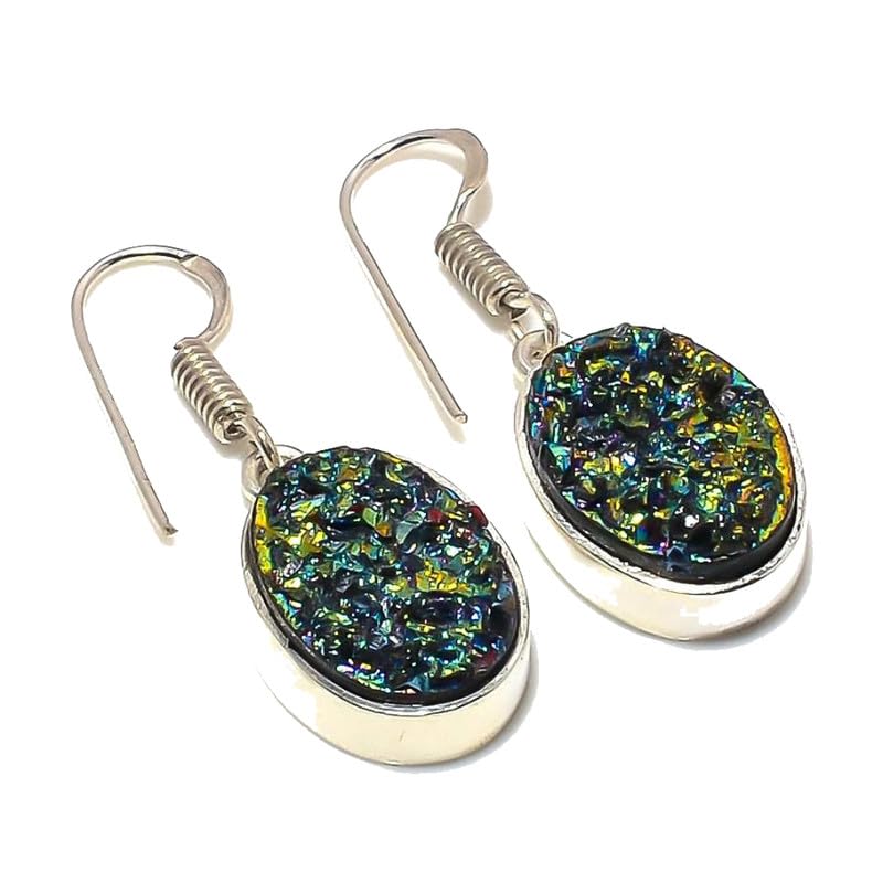 Sparking Titanium Druzy Handmade Drop Earriings 1.58" long for Girls Women 925 Sterling Silver Plated Jewelry From VACHEE 1992