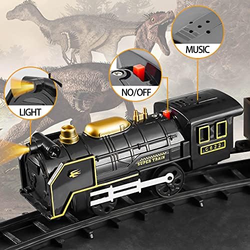 Dinosaur Toy Prepare Set, Classical Electrical Prepare Battery Operated Play Locomotive Engine with Sounds & Gentle, Railway Observe Cargo Automobile with 6 Forms of Dino, Present for 3 Years Outdated & Up Boy Lady Kids 2