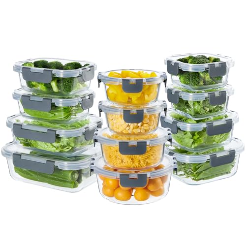 Image of Wancilock 24 Pieces Glass Meal Prep Containers, Glass Food Storage Containers with Lids, Reusable Airtight Leakproof Lunch Bento Boxes Freezer, Microwave Oven and Dishwasher, Gray