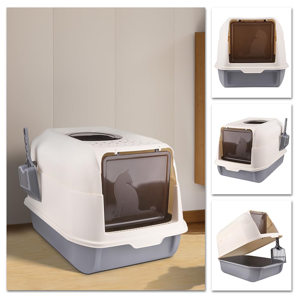 OHMG Lettiera per gatti con coperchio + accessori inclusi pala e tappetino, lettiera chiusa per gatti, grande, Lettiera XXL per Gatti, vassoio estraibile (cenere, 36 x 51 x 34 cm)