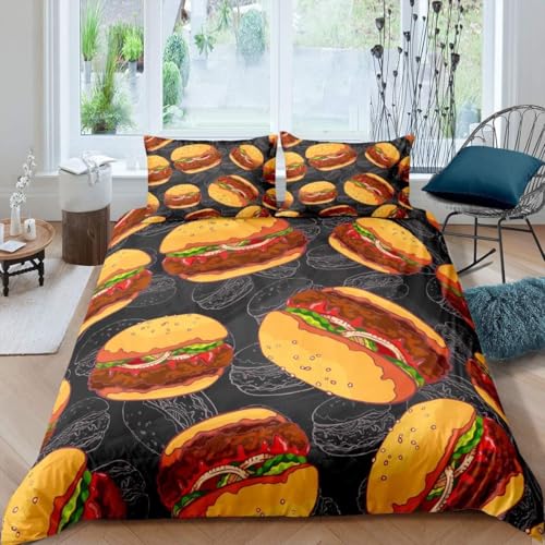 Housse de Couette 140x200 Hamburger Parure de Lit 1 Personne 3D Thème Alimentaire Ensemble de Literie en Microfibre avec Fermeture Éclair et 2 Taies...