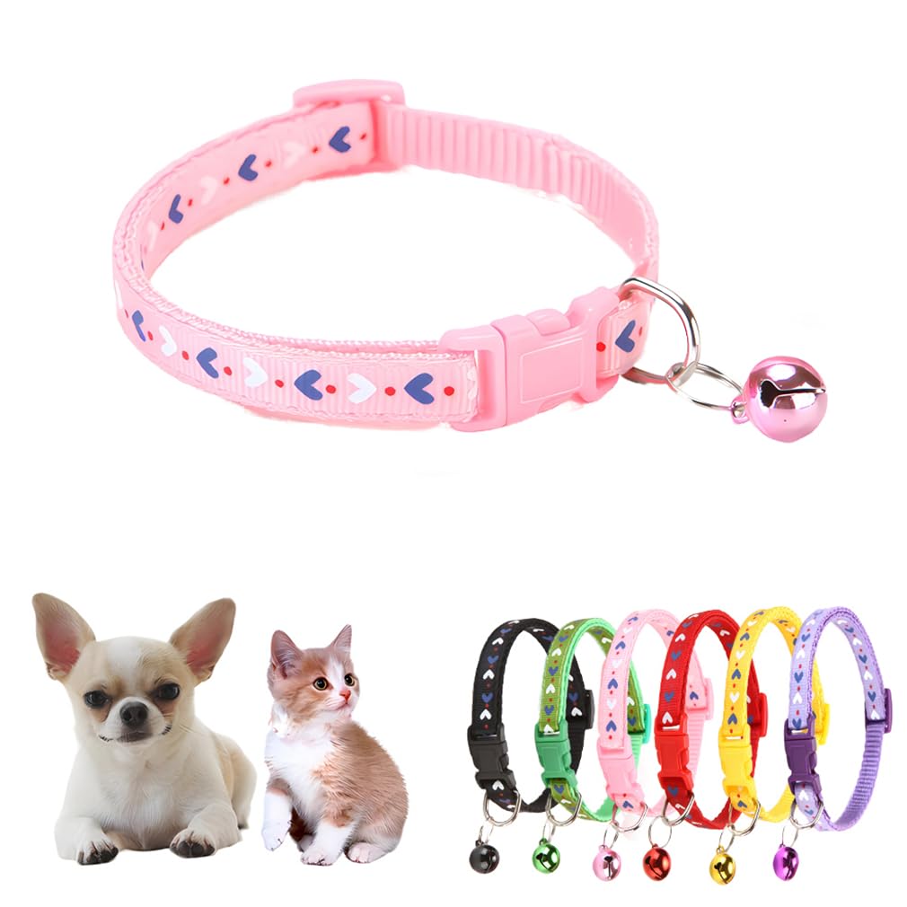 Pink Puppy Collar with Bells, Soft Nylon Cat Collars XXS Dog Collar Girl Buckle Heart Adjustable 19-32cm for XXSmall Xs Small Litter Tiny Pet Dogs