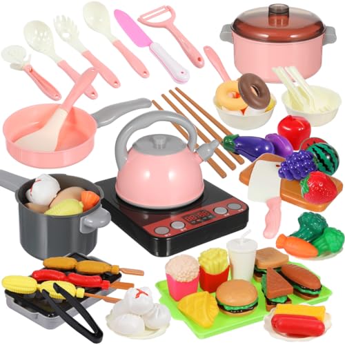 UPKOCH 86-Piece Interactive Kids Kitchen Playset with Electric Stove & Pressure Cooker - Pretend Play Cooking Toys for Toddlers, Cutting Vegetables & BBQ Grill Roleplay (Pink)