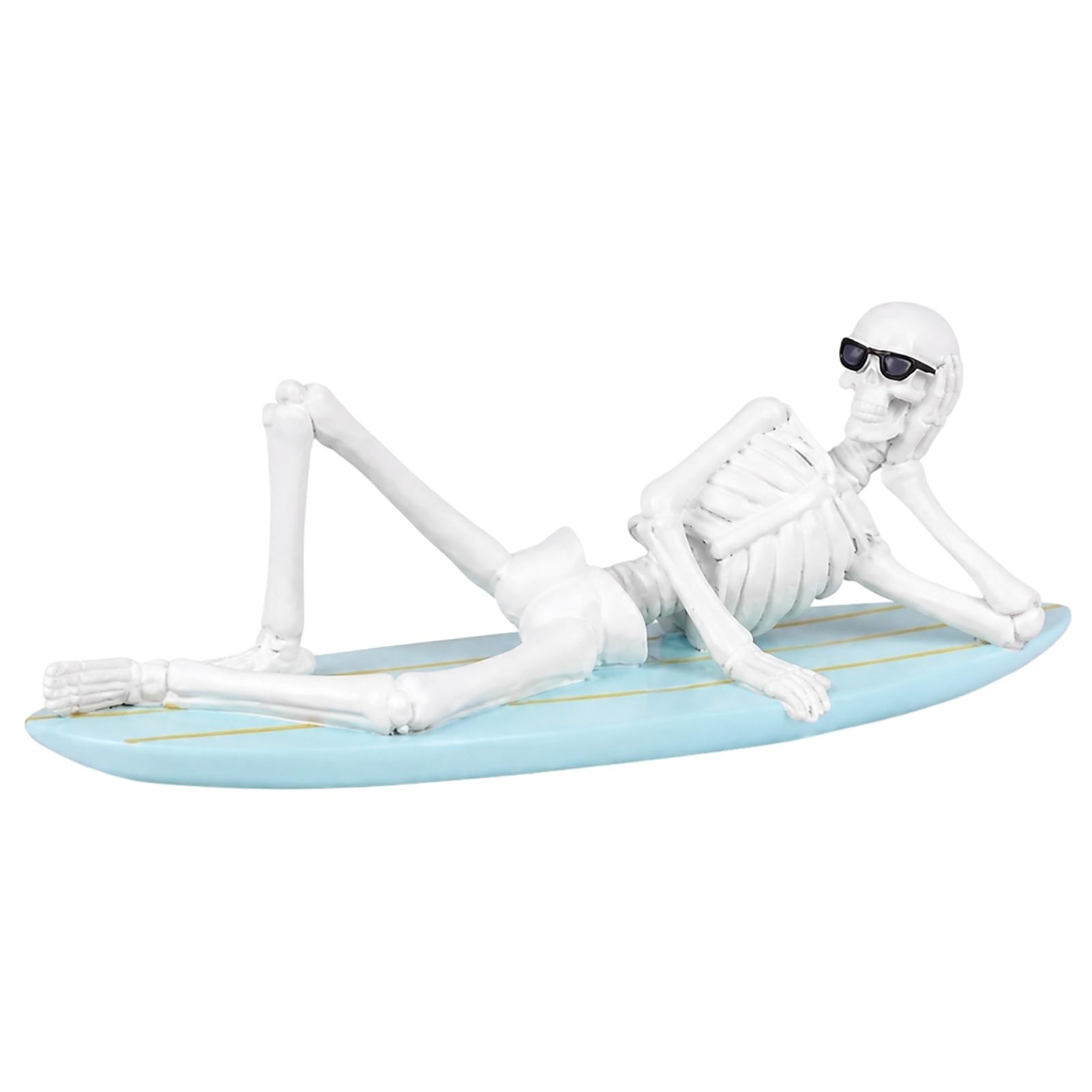 Pasisuu Surfing Skull Ornament, Resin Skeleton Statue for Halloween Decor, Relaxing Surfer Figurine Tabletop Centrepiece, 20cm Blue White Summer Coastal Sculpture, Gift for Surf Lovers White