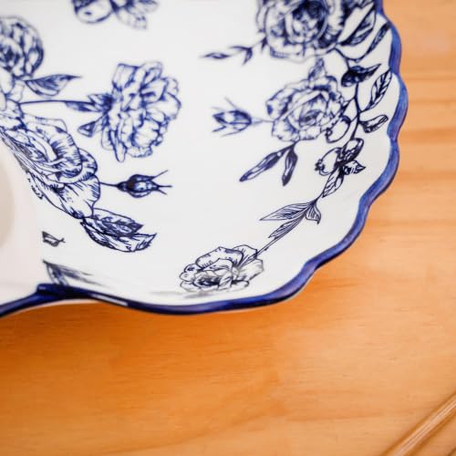 Image of Nestasia Ceramic Snack Plates Set of 2 - Serving Plate with Dip Section for Chutney | Microwave & Dishwasher Safe Shell Shaped Design for Kids & Adults - Perfect for Fries, Momos, Kebab (Blue & White)