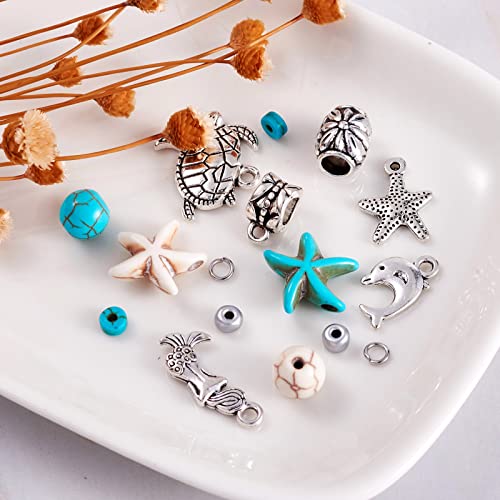 Beadthoven 160/Box Ocean Theme Diy Jewelry Sets With Turquoise Beads Starfish Turtle Dolphin Mermaid Pendants Charms Glass Seed Beads For Jewelry Making Diy Bohemian Bracelet Necklace Anklets Kit #TOP4