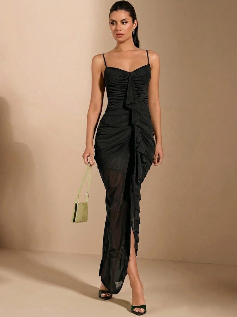 SKAYS Women's Summer Cami Ruffle Ruched mesh Elegant Split Bodycon Maxi Party Wedding Guest Dress - Image 5