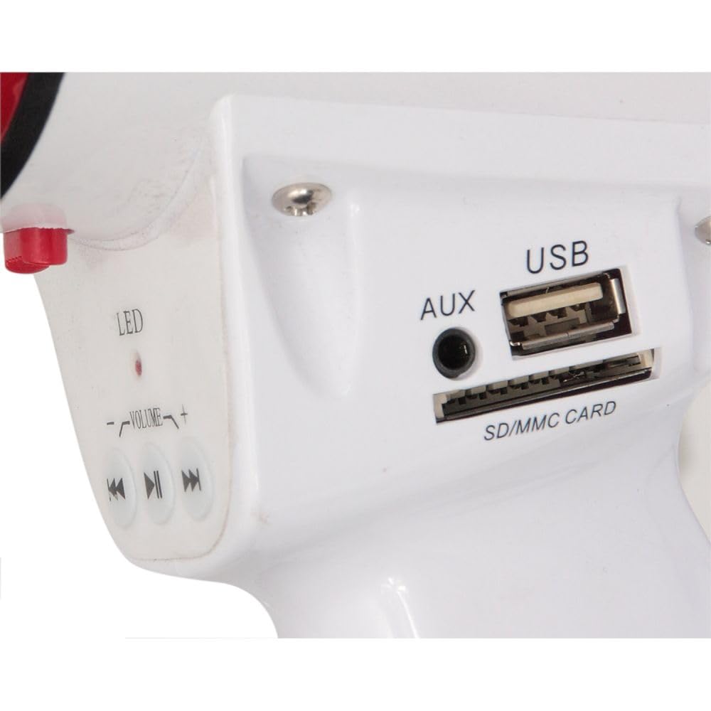 LTC - MEGA35USB - Megáfono recargable de 35 W con micrófono extraíble, sirena, control USB, SD, AUX, MP3, asa y grabación de mensajes - Blanco y rojo