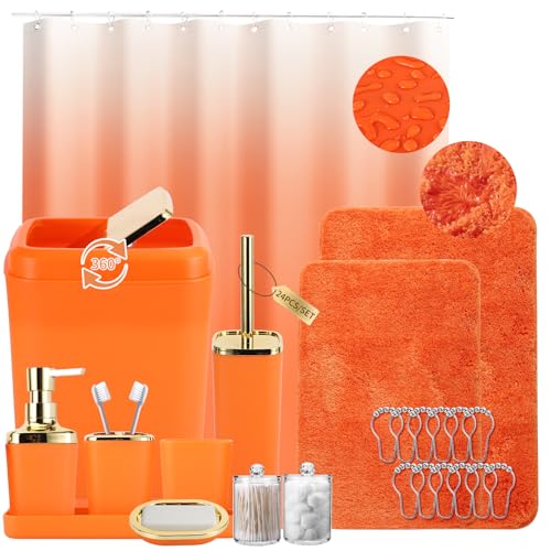 XLHOMO Bathroom Set - Orange Bathroom Sets with Shower Curtain and Rugs 24PCS Shower Curtain Set with Hooks Soap Dispenser Soap Dish Toilet Brush Holder and Trash Can for Housewarming