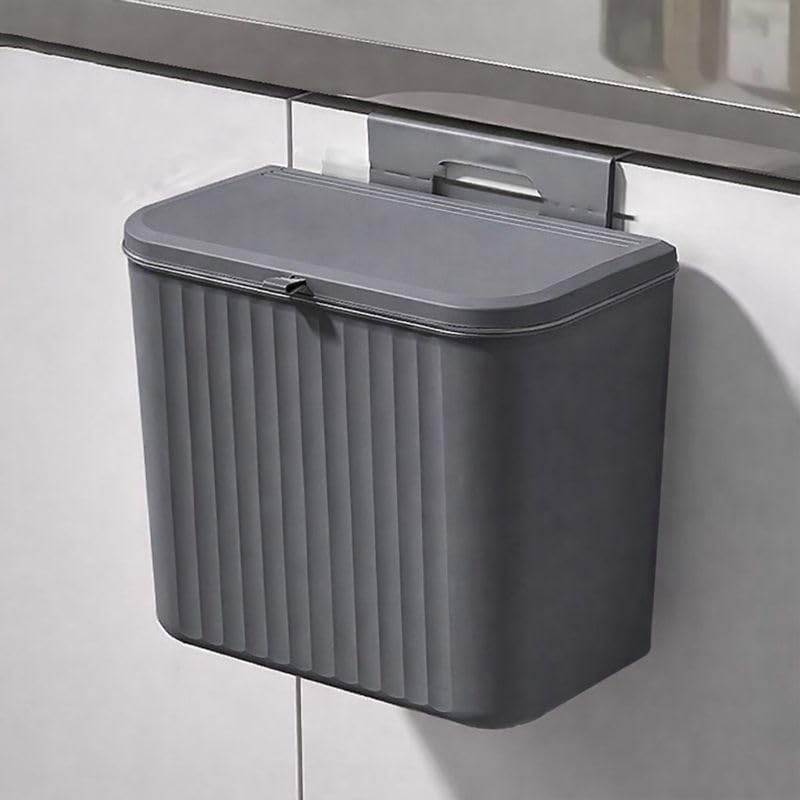 ELOHIM Plastic Hanging Kitchen Trash Can with Lid | Cabinet Door Hanging Garbage Bin | Wall Mounted Kitchen Waste Bin with Double-Sided Open Flip Lid | Under Sink Storage Trash Bucket | 7L Gray-picture-13