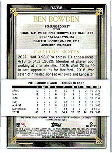 Ben Bowden Autographed Rookie Card Collectible Baseball Card - 2021 Topps Gallery Baseball Card #RA-BB (Rockies) Free Shipping
