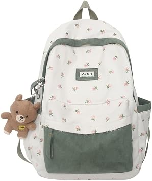 Cute Preppy Backpack with Pendant Floral Printed Patchwork Backpack Cottagecore Aesthetic Bag Kawaii Laptop Backpack One Size,Sage Green
