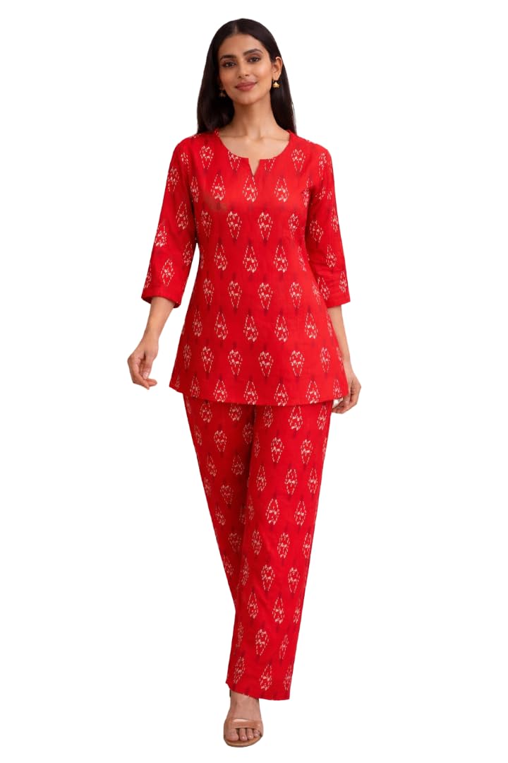 Women's Vibrant Cherry Red Ikat Printed Pure Cotton Loungewear Set | Notch V-Neck Tunic Top, 3/4 Sleeves & Straight Trousers | Soft Breathable Cotton Co-Ord Set |Pack of 1-image-42