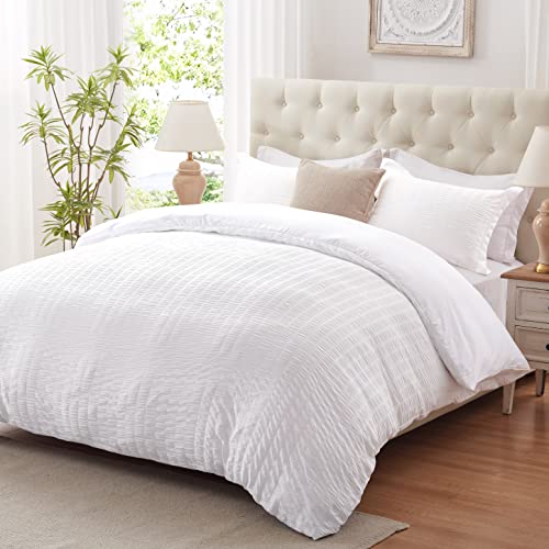 Cozyide White Duvet Cover Queen Size, 3 Pieces Bedding Duvet Covers, Soft Breathable Seersucker Duvet Cover Set With Zipper Closure And Corner Ties (1 Duvet Cover 90"X90" + 2 Pillow Shams 20"X26") #TOP3