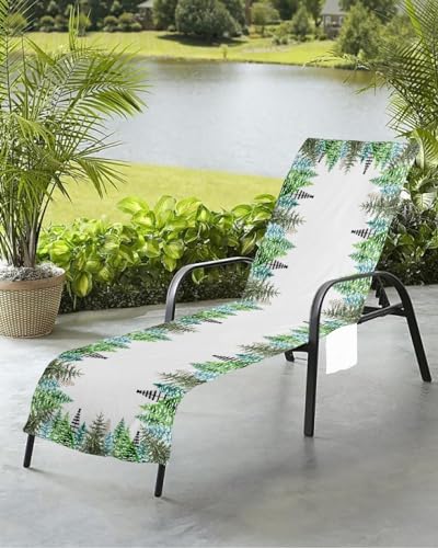Green Christmas Tree Beach Chair Towel Covers for Chaise Lounge With Side Pocket, Soft Plush Pool Towels Cover for Patio Sunbathing Outdoor 29''x85'' Forest Winter Pine Xmas Dot