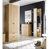 LIEFERUMFANG: 1 Garderobenspiegel, B/H/T: ca. 70/95/2 cm; 1 Kommode mit 2 Türen, 2 verstellbaren Einlegeböden, 1 Schubkasten, B/H/T: ca. 70/89/40 cm; 1 Garderobenschrank mit 2 Türen, 1 verstellbaren Einlegeboden, 1 festen Boden mit ausziehbarer Kleiderstange, 2 Schubkästen, B/H/T: ca. 70/198/40 cm; 1 Garderobenpaneel mit 1 Spiegel, 2 Ablageböden, 1 Kleiderstange, B/H/T: ca. 50/198/38 cm