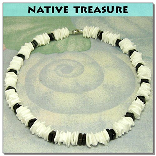 Native Treasure Mens and Womens Summer Beach Tropical Necklace From the Philippines, White Rose Clam Chips Ark Shells with Black Clam Chips Accents3