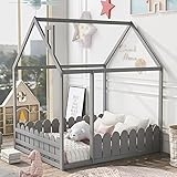 Merax House Bed Frames with Pine Wood Roof and Fence for Kids, Teens, Boys or Girls, Box Spring...