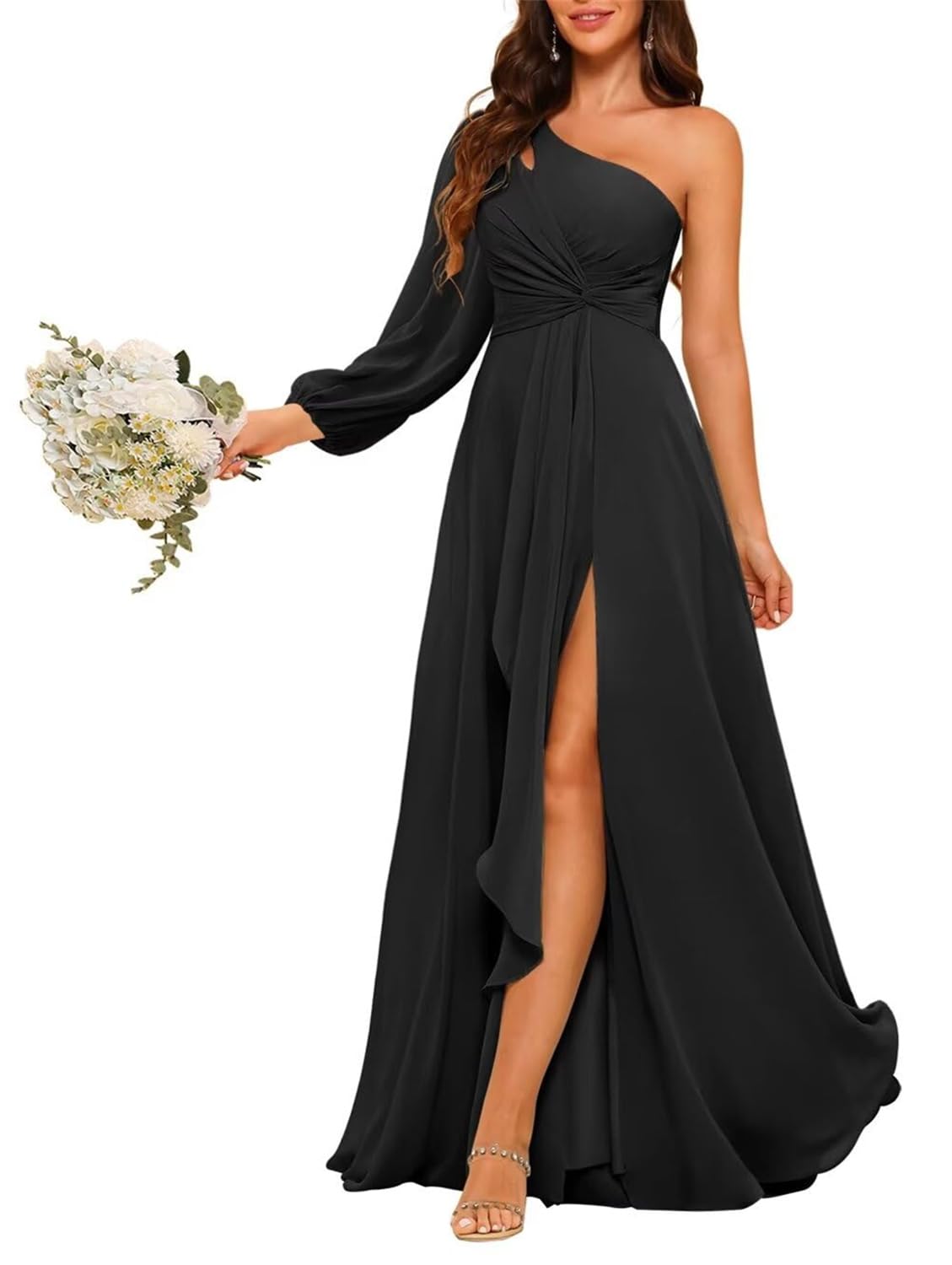 HPPEE Black Chiffon Bridesmaid Dresses One Shoulder Pleated Corset Long Sleeve Formal Evening Dress with Slit UK12