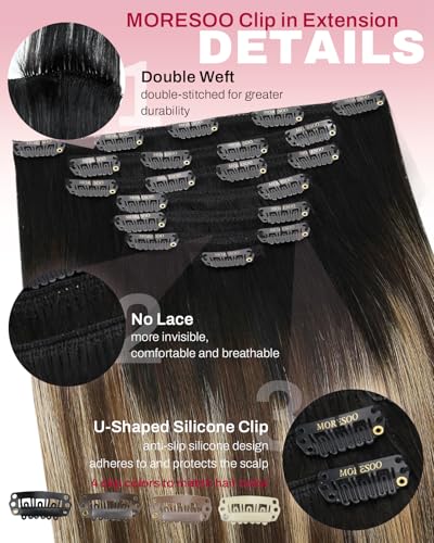 Image of Moresoo Balayage Clip in Hair Extensions Brown Blonde,20 Inch Real Hair | Human hair clip in extensions, black to brown with caramel blonde balayage,120g 7pcs, for warm dimension and full look