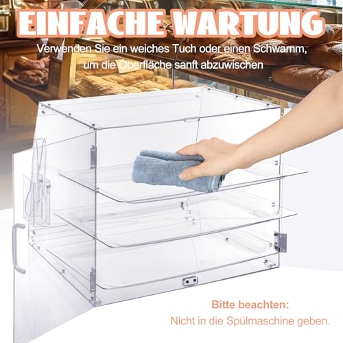Zertylre 3 Tier klar Bäckerei Vitrine, kommerzielle Countertop Gebäck Display Case, Acryl Kuchen Regal Lagerung Schrank mit 3 Tray und Kuchen servieren Zange für Brot, Donut, Cupcake, 53x43.6x42cm