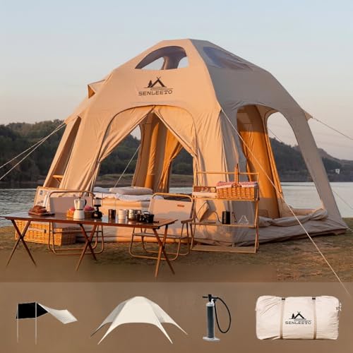 SENLEETO Inflatable Tents for Camping 6-8 People,142 Square Feets Glamping Igloo Tent, 4 Season Blow up Tents with Waterproof Tarp, Inflatable Hot Tent with Stove Jack