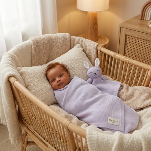Image of Baby Gift Set - Organic Cotton Newborn Blanket and Lovey Security Blanket Set, Baby Gift, Baby Registry Search Gift Registry by Name, Basket (Lovey - Bunny - Lavender)