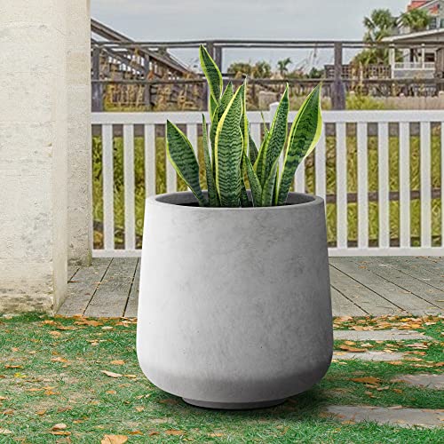 Image of Kante Pale Gray Concrete Planter 16.5 inch Dia All-Weather Round Large Pot | Handcrafted Cement Curved, Anti-Frost & UV Outdoors, Plug for Indoor, Lightweight & Durable, Modern Home, Garden, Porch