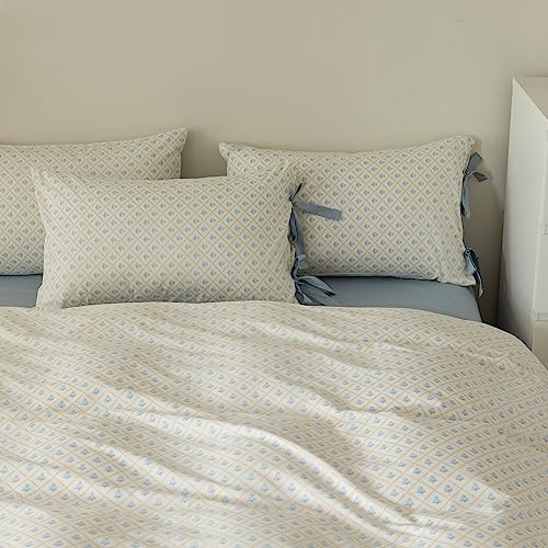 VM VOUGEMARKET White Blue Duvet Cover Twin Garden Style Blue Flower Duvet Cover 100% Cotton Grid Comforter Cover with 2 Bow Ties Pillowcases Botanical Cottagecore Bedding Sets