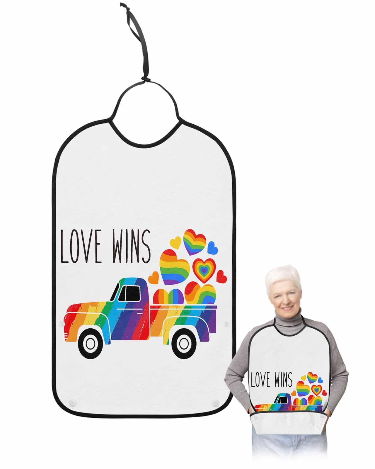 LEOKOTI Colorful Truck Adult Bibs for Eating, Waterproof Bibs with Food Catcher & Adjustable Snap Closure, Watercolor Rainbow Love Heart Washable Clothing Protectors Adult Bibs for Elderly Women/Men