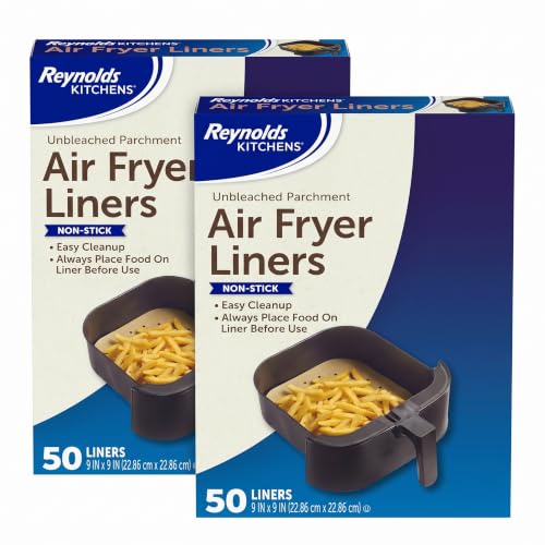 Reynolds Kitchens Air Fryer Liners Disposable, Unbleached Parchment Paper Sheets, 50 Count (Pack of 2)