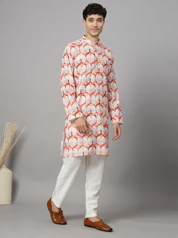 Image of Vastraa Fusion Men's Printed Kurta Pure Cotton Long Kurta, Round Collar, Full Sleeves, Button Kurta, Ethnic Wear
