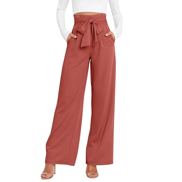 YOLAI Women Workplace Trousers with Belt Casual Versatile Straight Leg Pants Temperament Elegant Pants with Pockets Orange S