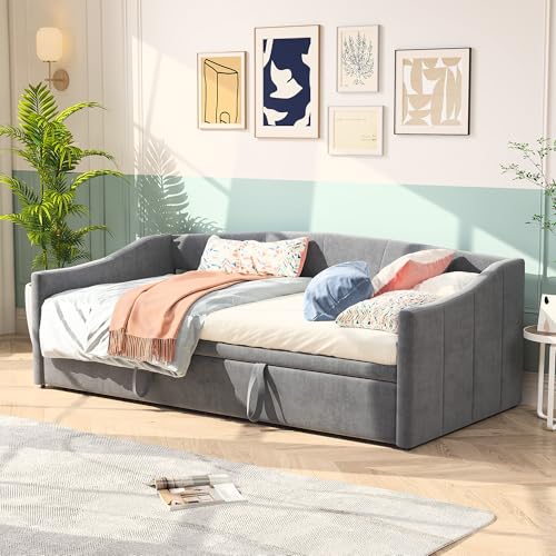 Sofá Cama Tapizada Extensible Para 2 Personas, Nido de la Misma Altura, Con Somieres y Respaldo, Multifunción, Tela de Terciopelo, Sin Colchón (Gris, 90 x 200 cm)