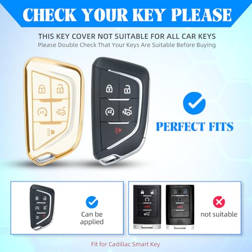 Image of QBUC for Cadillac Key Fob Cover with Leather Keychain (Gold Trim White) | Soft TPU Protection Case Compatible with 2020-2026 Cadillac Escalade Lyriq Optiq 5-Buttons