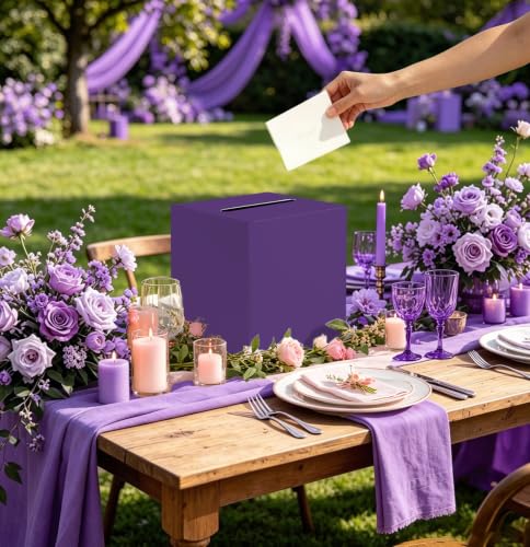 Image of SietDESEO Purple Card Box with Slot Money Gift Card Box Holder for Party Wedding Reception Birthday Graduation Bridal Shower Baby Shower Diaper Raffle Box
