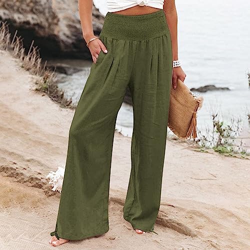 Womens Cotton High Waist Pants Casual Elastic Band Solid Loose Wide Leg Pants Breathable Lounge Pants with Pockets3