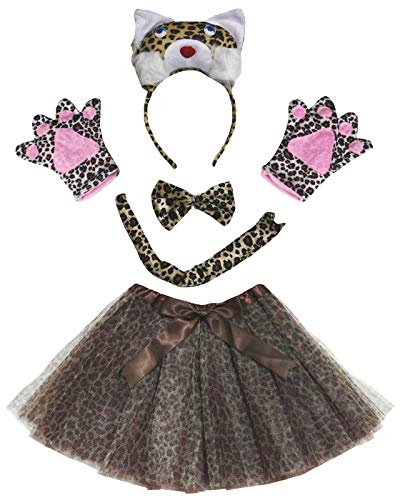 Petitebelle 3D Headband Bowtie Tail Gloves Tutu Unisex Children 5pc Girl Costume (3D Leopard)