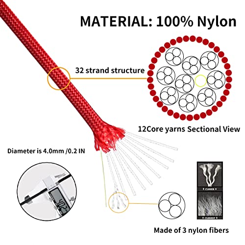 Pskook 550 Paracord/Parachute Cord, 1/6 Inch X 50 Ft Nylon Rope, 10-Strand Core Tactical Paracord, Red Rope #TOP2
