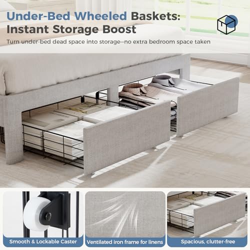 Image of King Size Storage Bed Frame, Square Tufted Headboard, Platform Bed with 2 Underbed Drawers at Foot, Wooden Slats Support, No Box Spring Needed, Light Gray