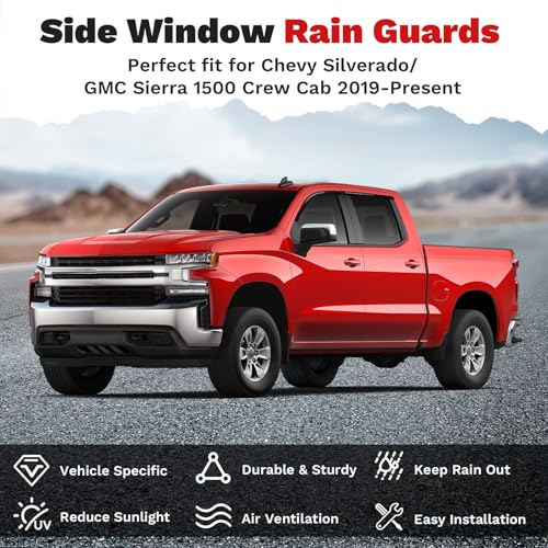 Image of Window Rain Guards for 2019-2026 Chevrolet Silverado /GMC Sierra 1500 | Window Visors for Silverado Crew Cab Accessories, Outside-Mount Tape-On Side Window Deflectors Vent Visors Shades Rainproof