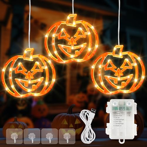 Qunlight Halloween Window Lights 3 Pack 48LED Pumpkin String Light with Battery Operated Timer Memory Hanging Orange Halloween Light for Spooky Decor Outdoor Indoor Curtain Home Party Gift